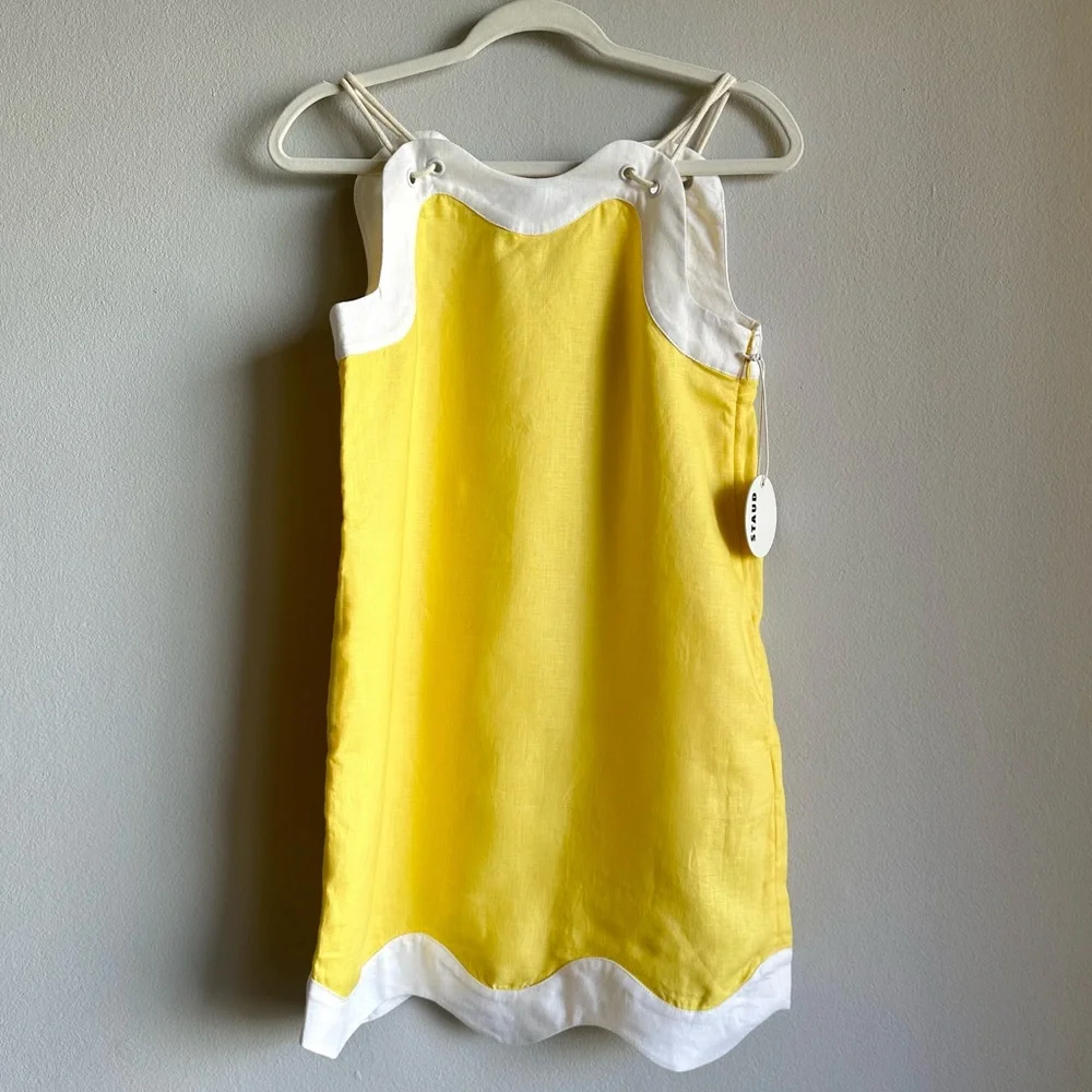 *SOLD* STAUD Renata Linen Mini Dress in Wallflower & White / Scalloped Hem - Picture 3 of 10